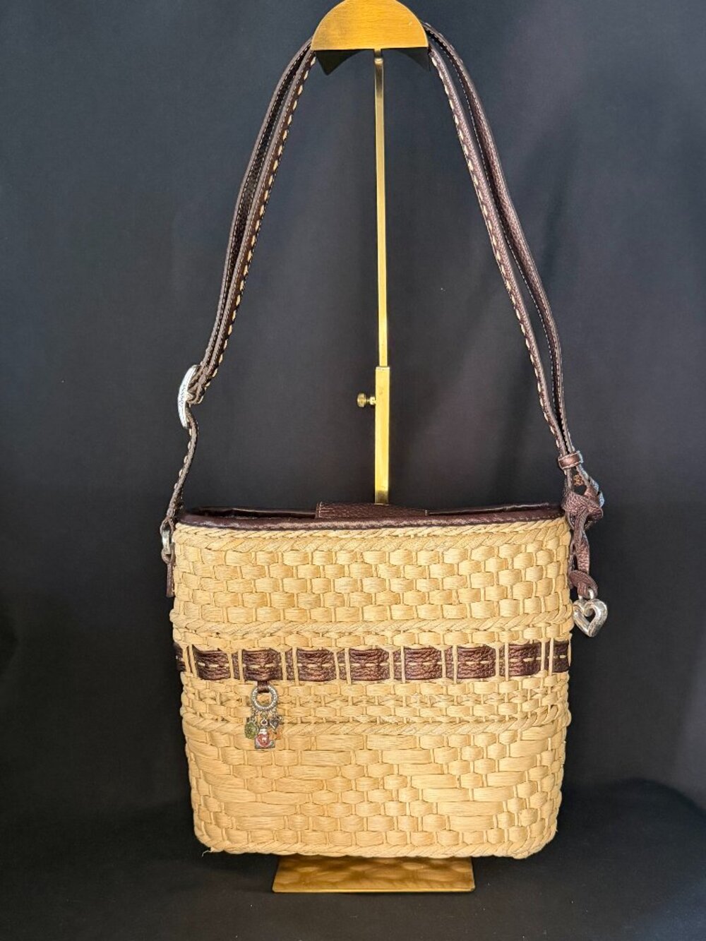 Brighton Straw/Raffia Shoulder or Cross Body Bag with Brown Leather Trim.
